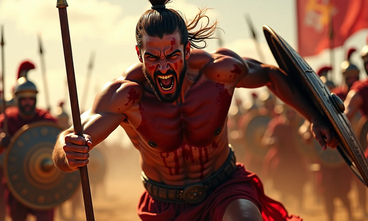 Aquiles em fúria durante a batalha, avançando contra os troianos.