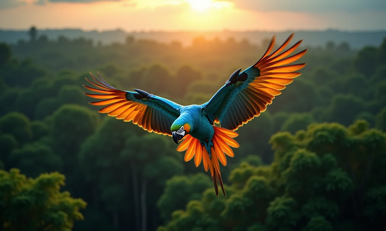 Arara voando sobre a floresta amazônica.