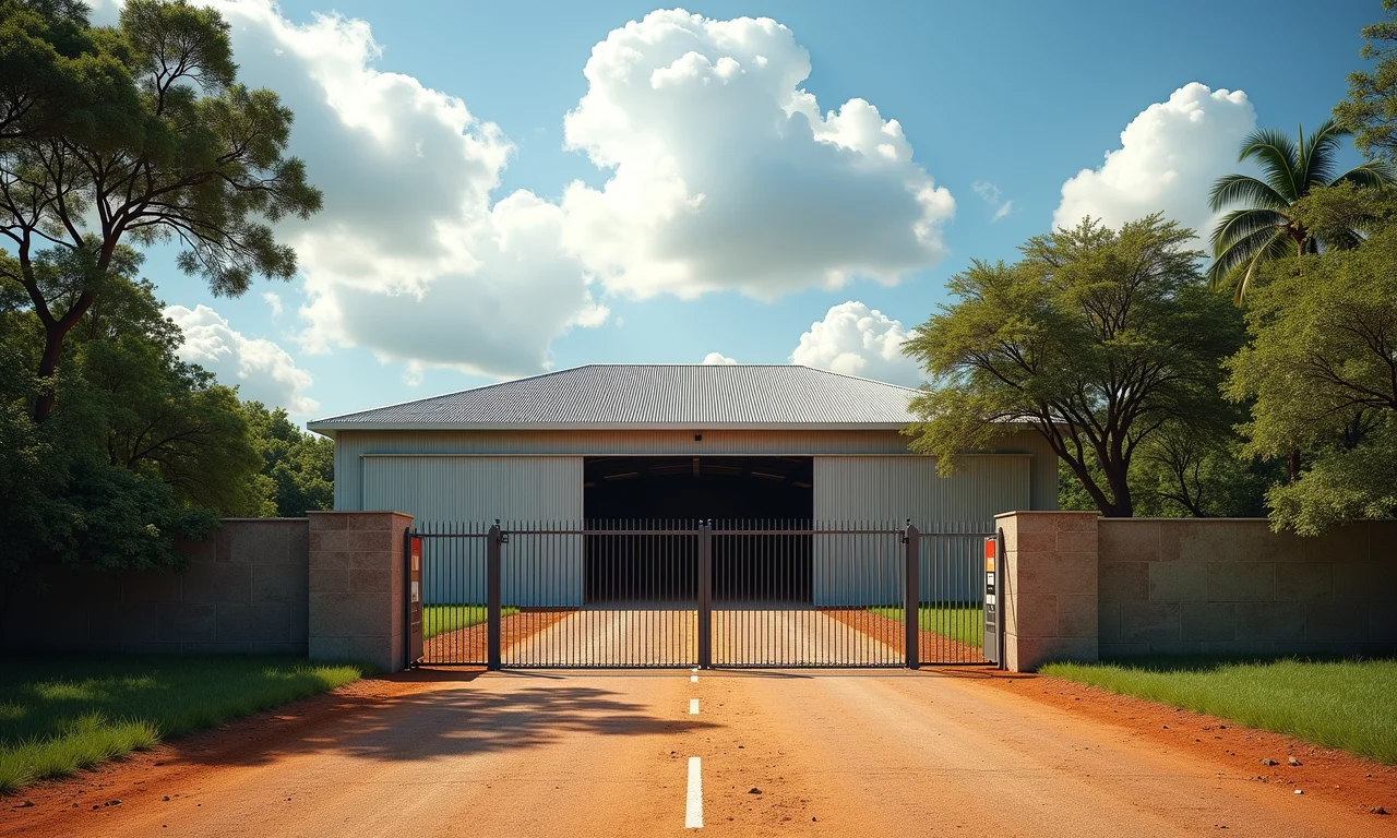 Armazém ao ar livre com portões seguros representando a propriedade privada.