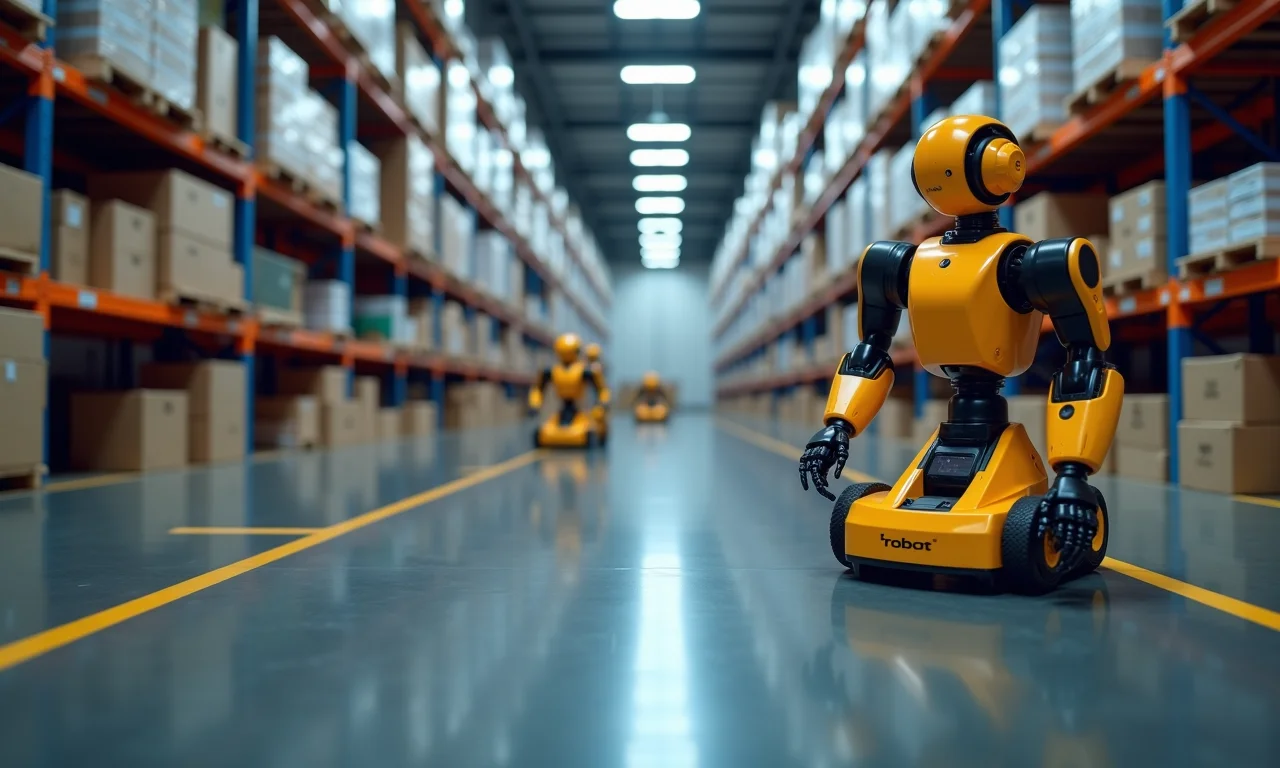 Armazém logístico com robôs e sistemas automatizados, representando as aplicações da Pesquisa Operacional.