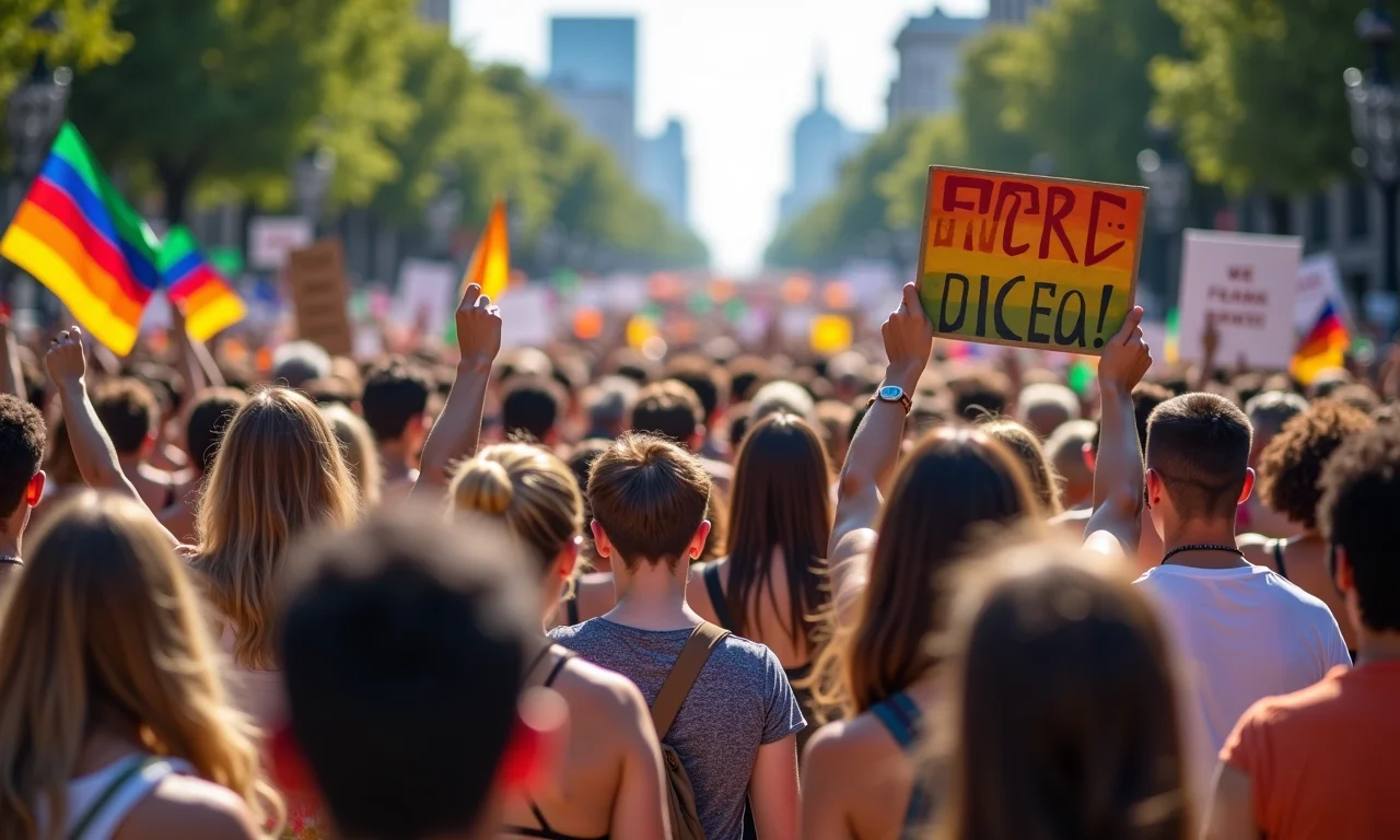 Ativistas de direitos civis marchando com cartazes coloridos em manifestação.