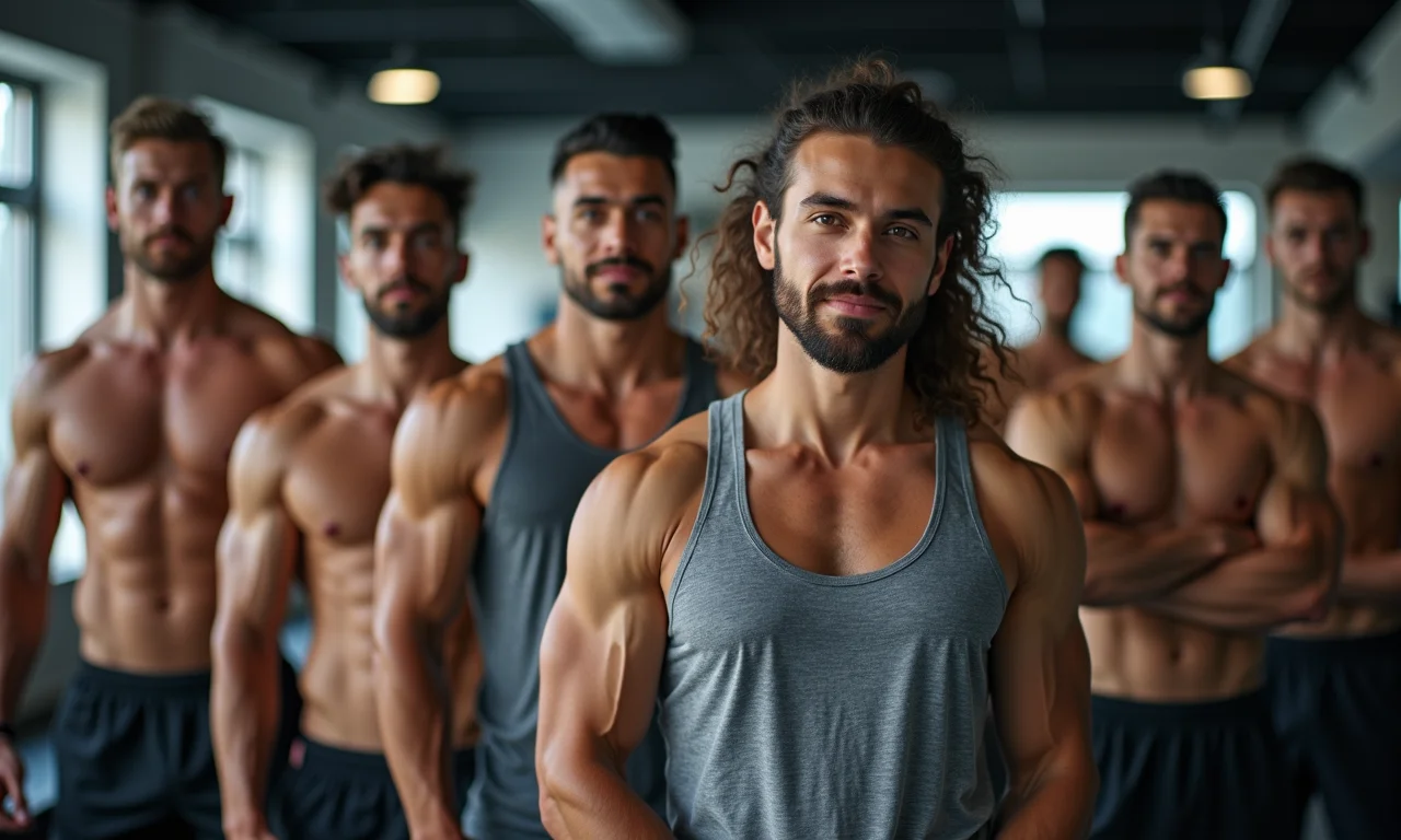 Atletas comparando marcas de creatina em academia moderna.