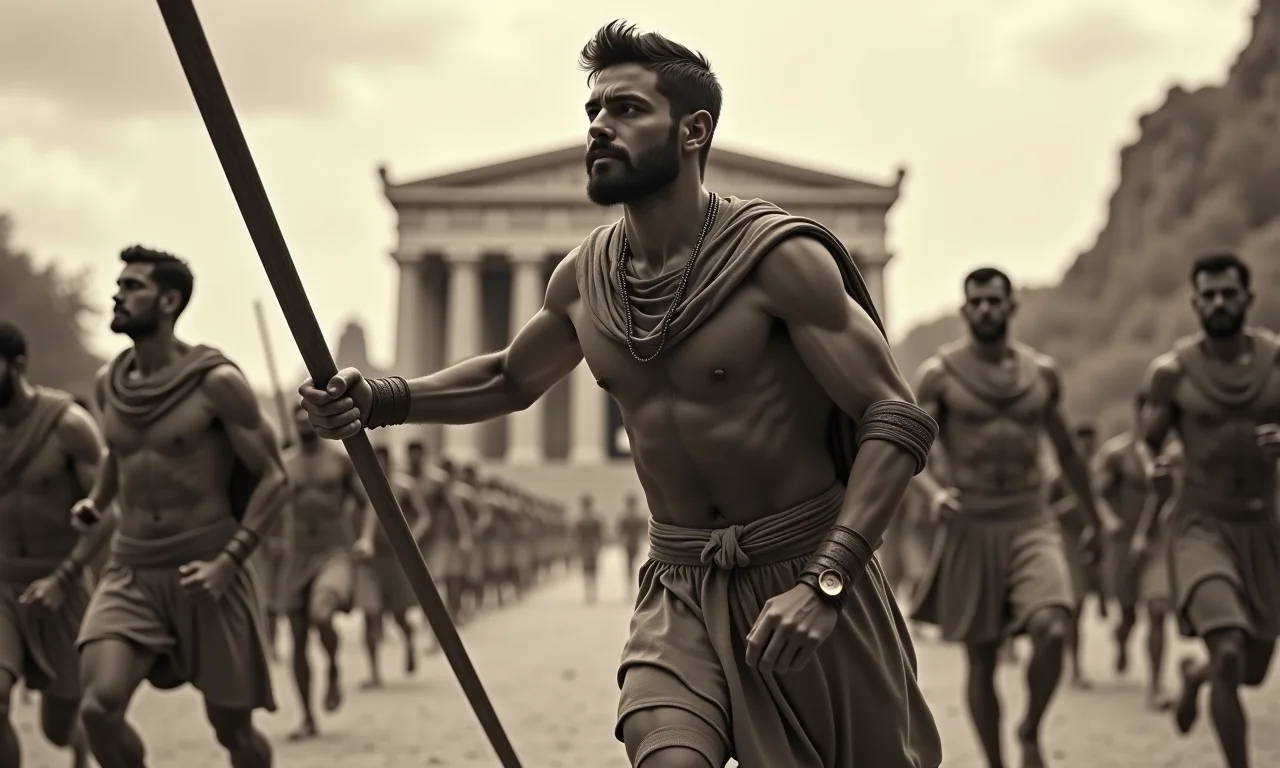 Atletas competindo nos jogos da Grécia Antiga.