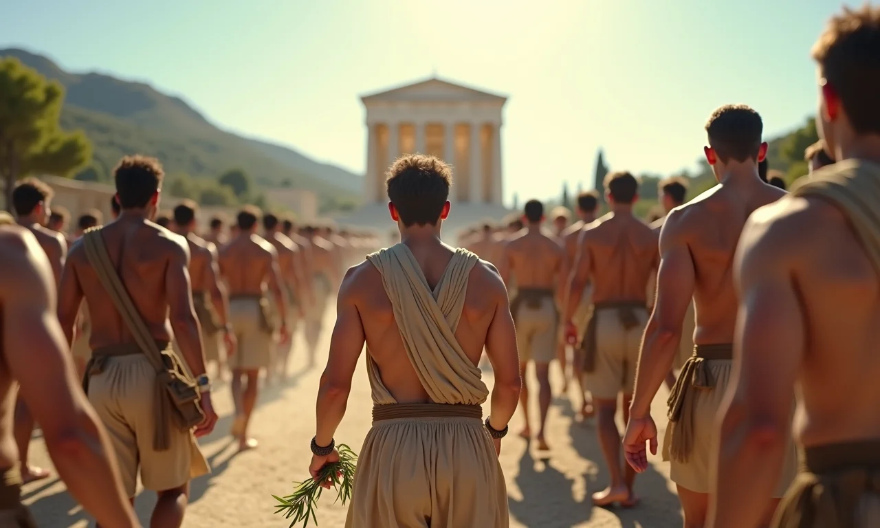 Atletas do pentatlo durante a trégua sagrada.