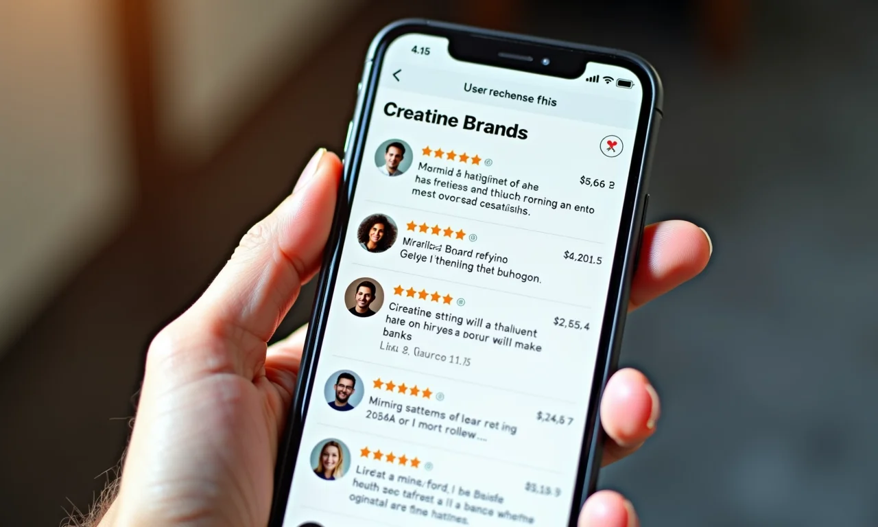 Avaliações de usuários de marcas de creatina em um smartphone.