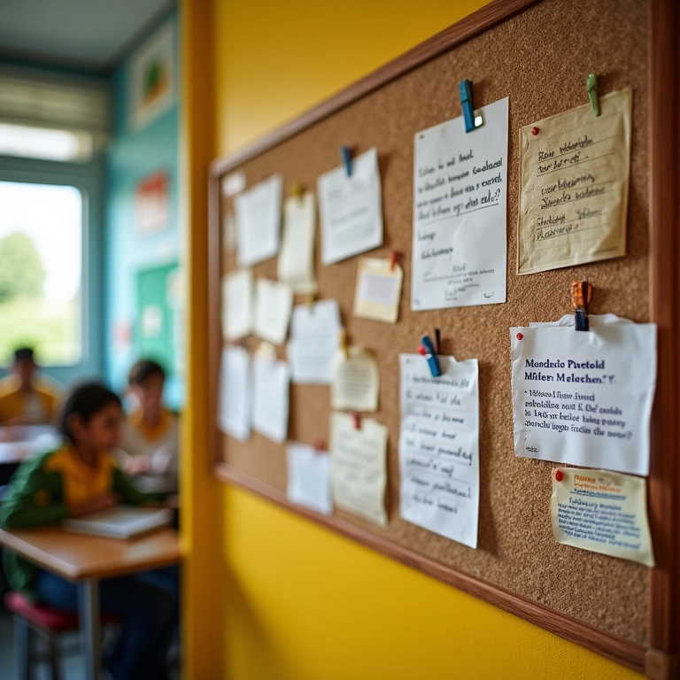Avaliações e feedback de alunos e colegas em um mural em uma sala de aula vibrante.