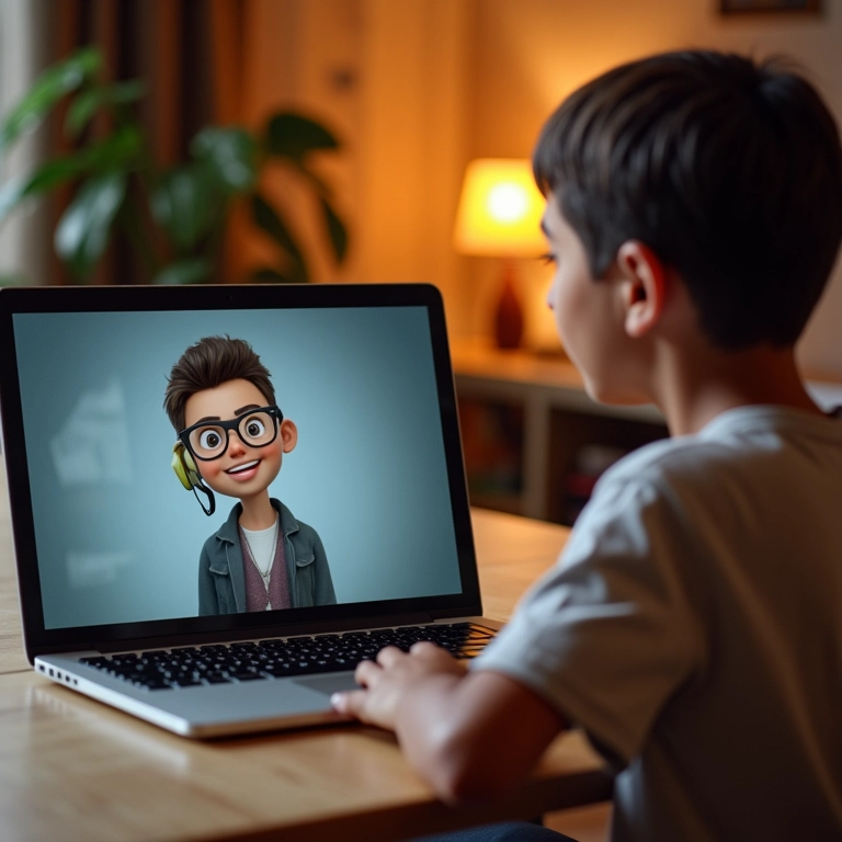 Avatar de tutor virtual de inglês com IA auxiliando estudante brasileiro.