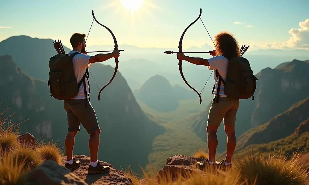 Aventureiros representando Sagitário e Leão em paisagem brasileira, simbolizando aventura e otimismo.