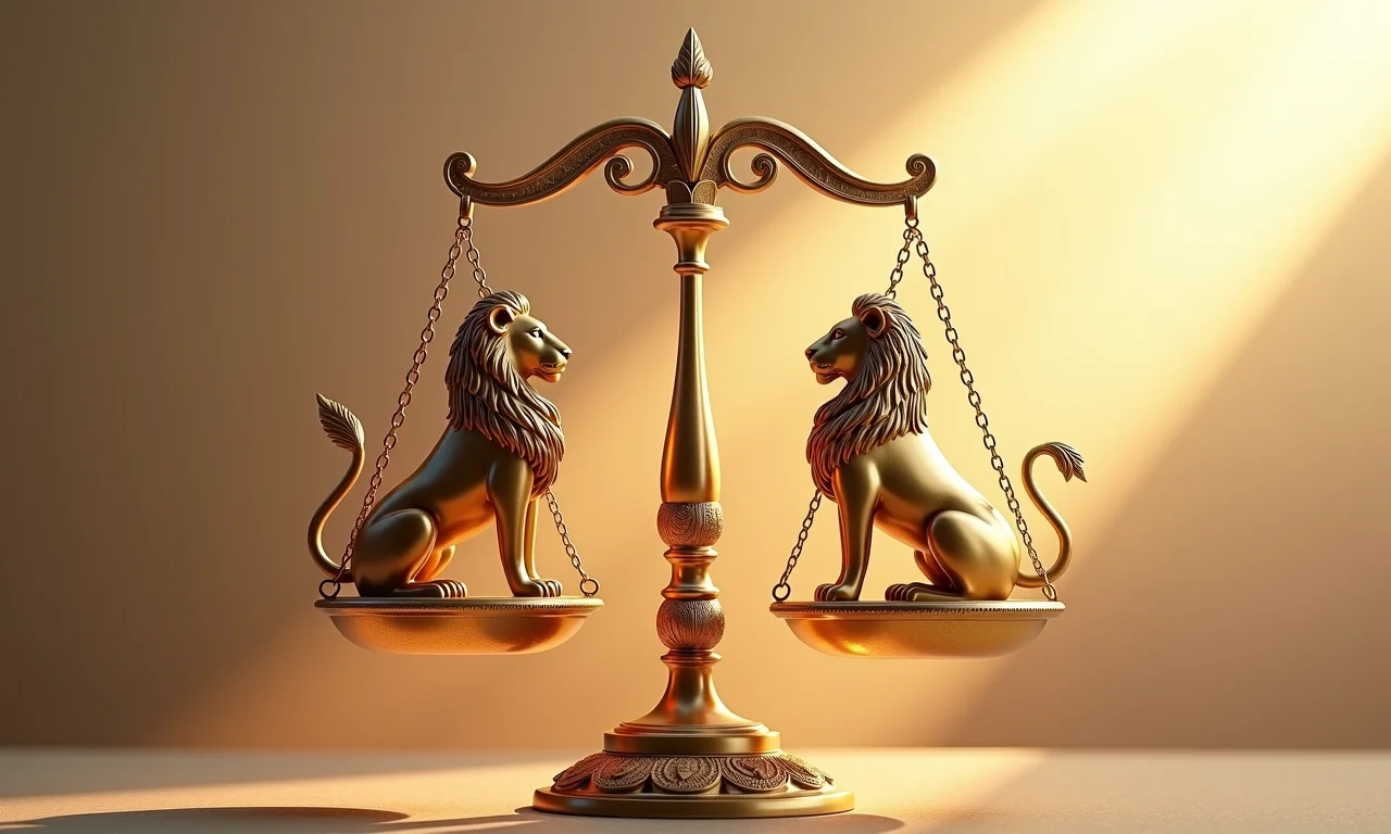 Balança e leão dourados simbolizando a elegância e harmonia entre Libra e Leão.