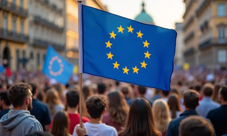 Bandeira da União Europeia tremulando em meio a uma multidão diversificada.