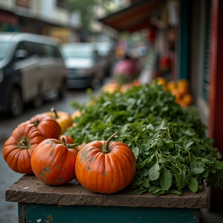 Barraca de mercado vazia com poucos vegetais murchos, representando uma crise econômica.