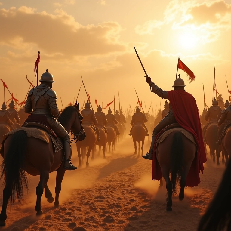 Batalha épica entre cruzados e sarracenos em um deserto, representando o conflito das Cruzadas.