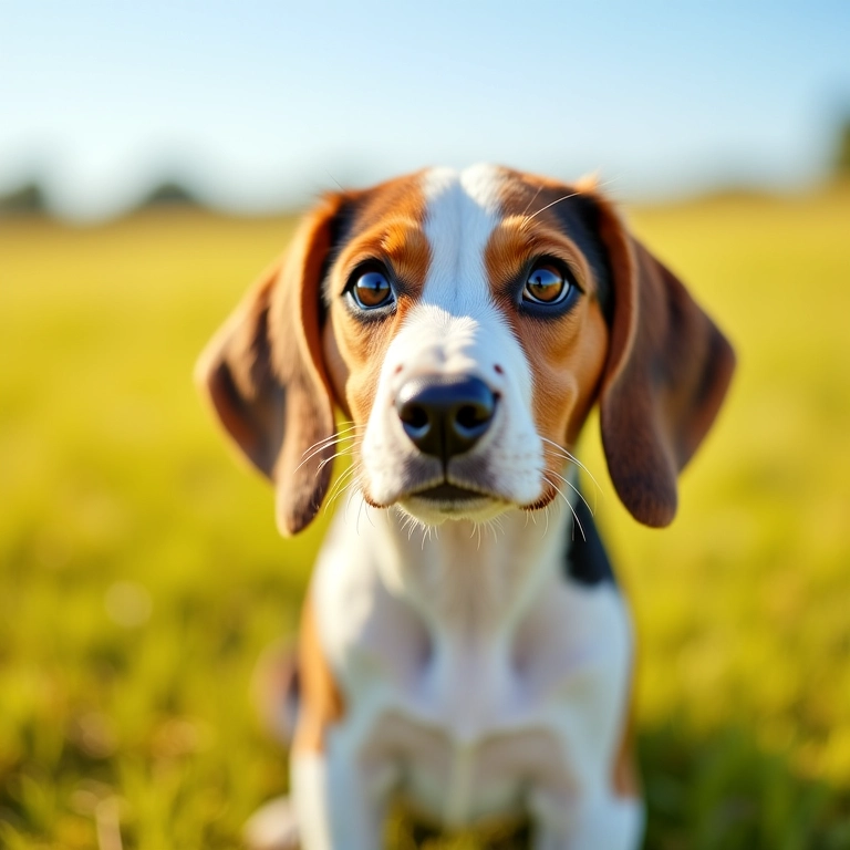 Beagle olhando para campo aberto, amplo campo de visão.