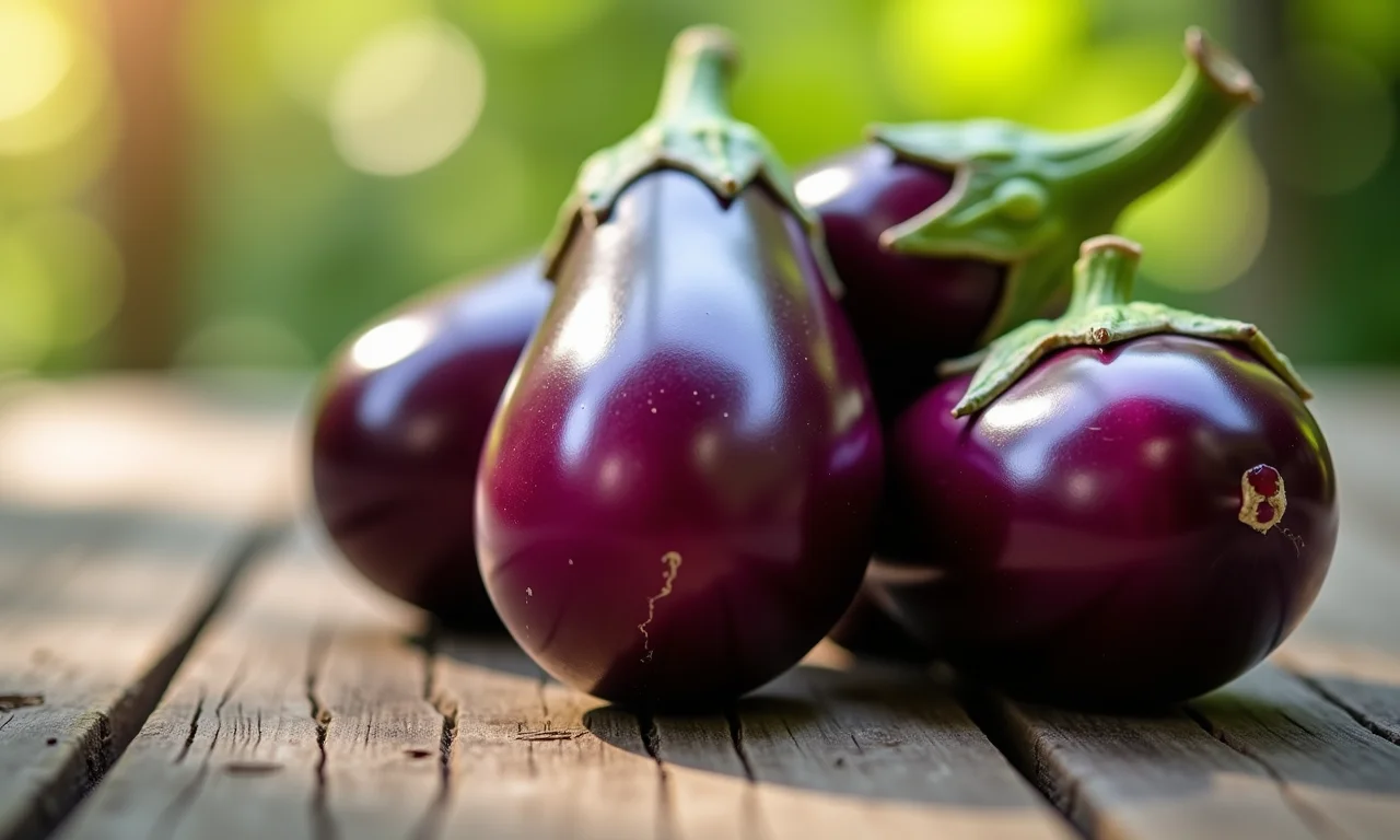 Beringelas frescas em mesa de madeira rústica sob luz natural.