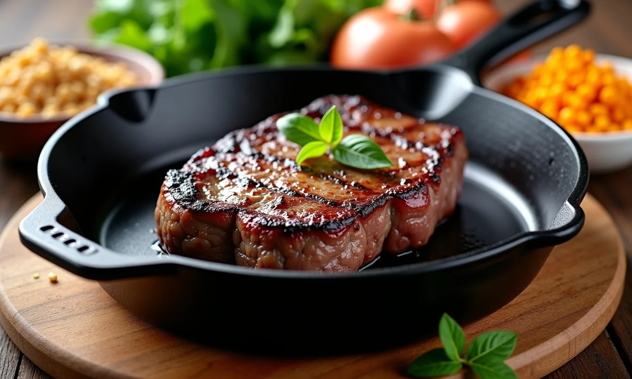 Bife suculento e alimentos ricos em ferro, como lentilha e cereais fortificados.