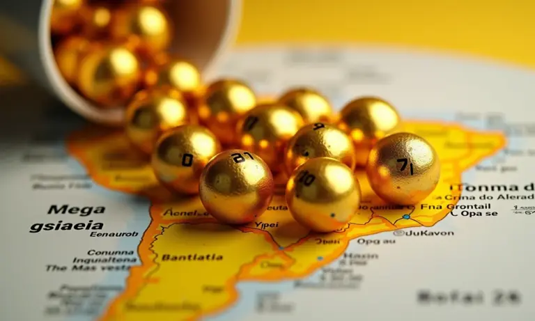 Bolas douradas da loteria caindo sobre mapa do Brasil, celebrando os ganhadores da Mega da Virada.