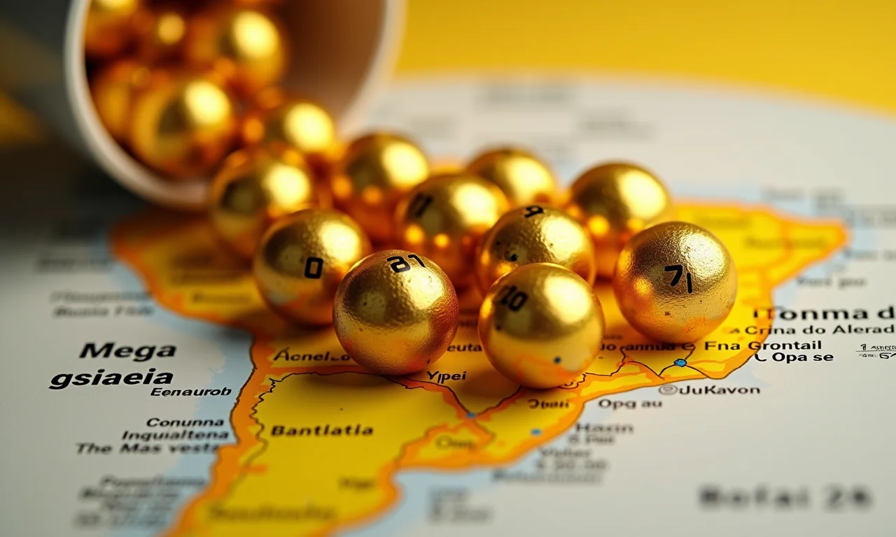 Bolas douradas da loteria caindo sobre mapa do Brasil, celebrando os ganhadores da Mega da Virada.