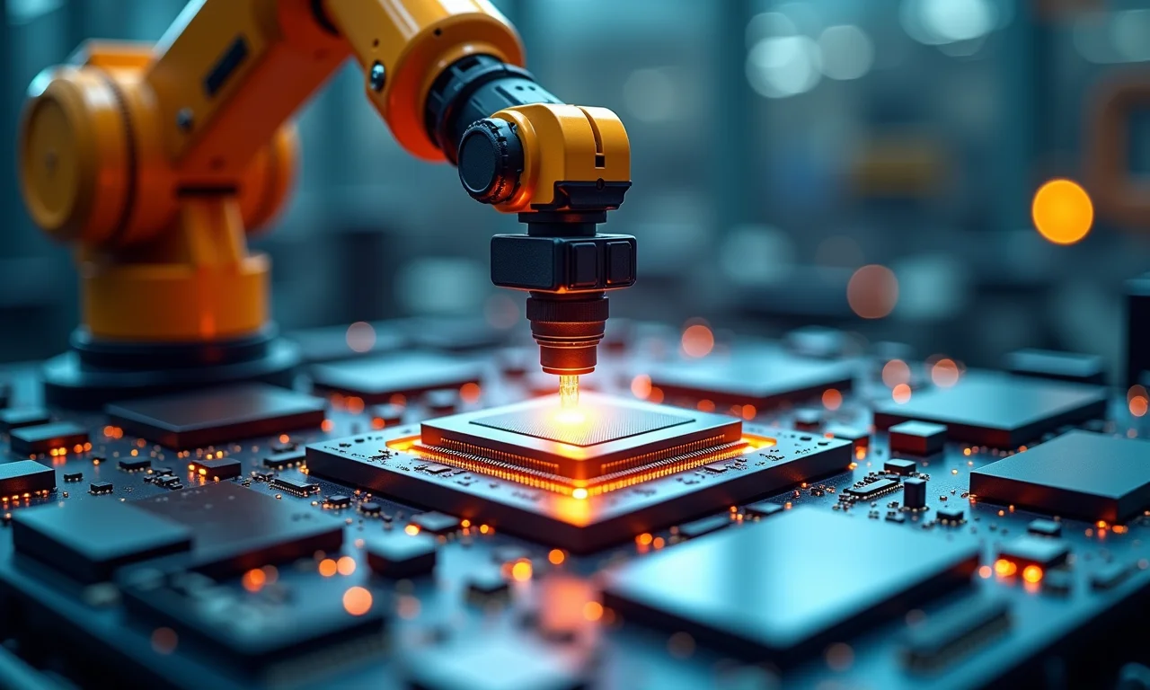 Braço robótico montando microchips com minerais.