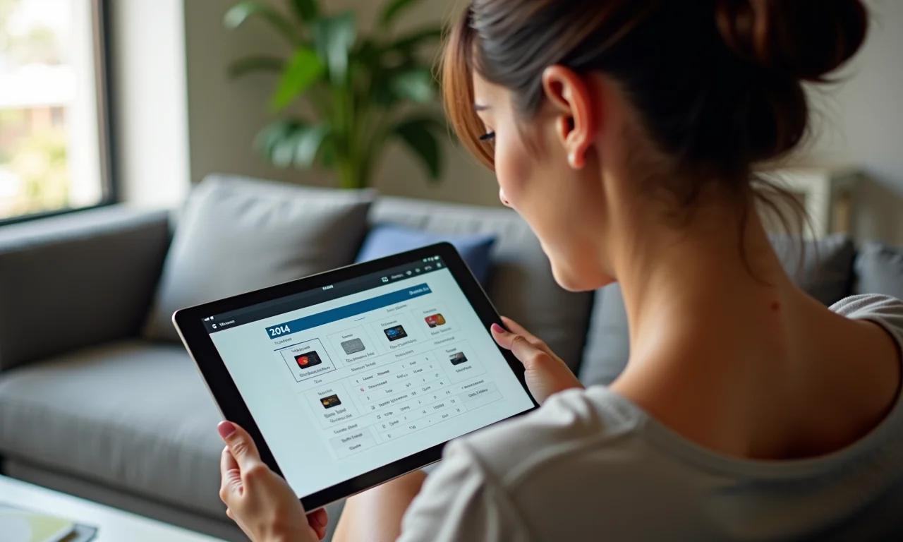 Brasileira analisando ranking de cartões de crédito em tablet.