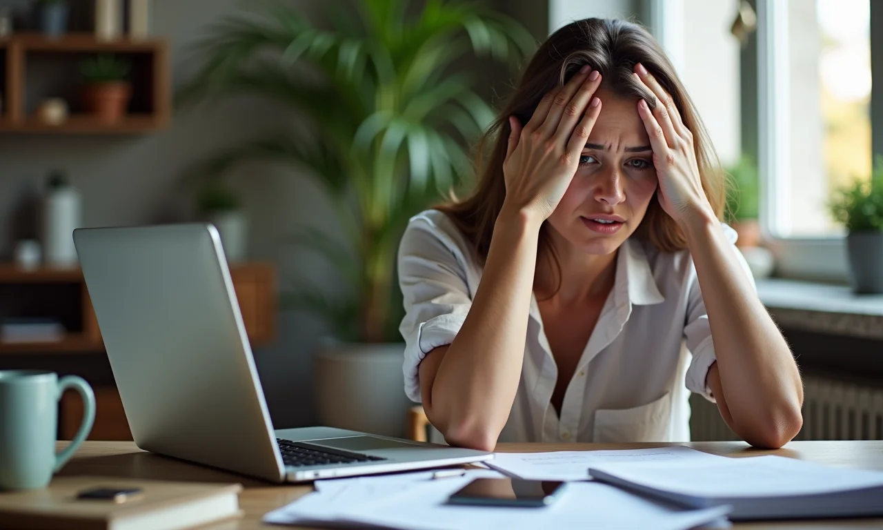 Brasileira trabalhando em casa, demonstrando estresse.