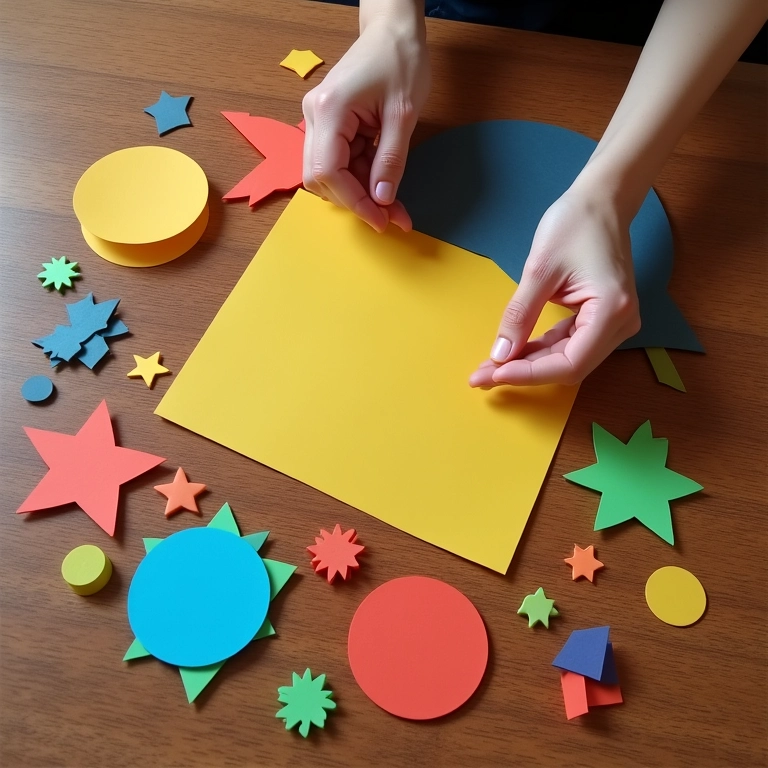 Brincando com formas geométricas em papel colorido, aprendizado criativo.