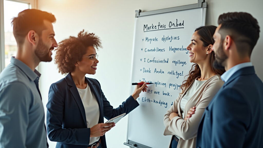 Equipe de negócios definindo objetivos de marketing em um quadro branco.
