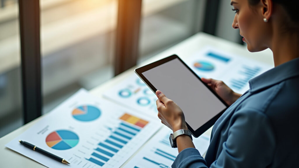 Empresária analisando estratégia de marketing digital em tablet.