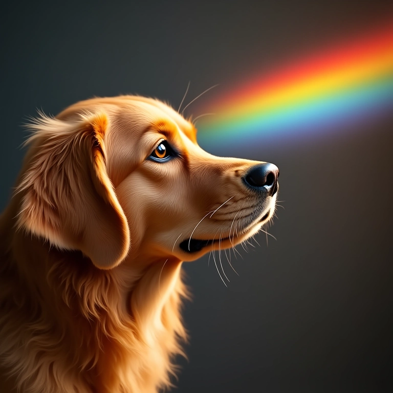 Cachorro olhando para espectro de cores simulado.