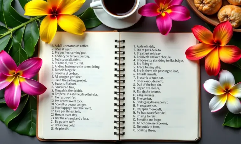 Caderno aberto com charadas em inglês, café e flores brasileiras.