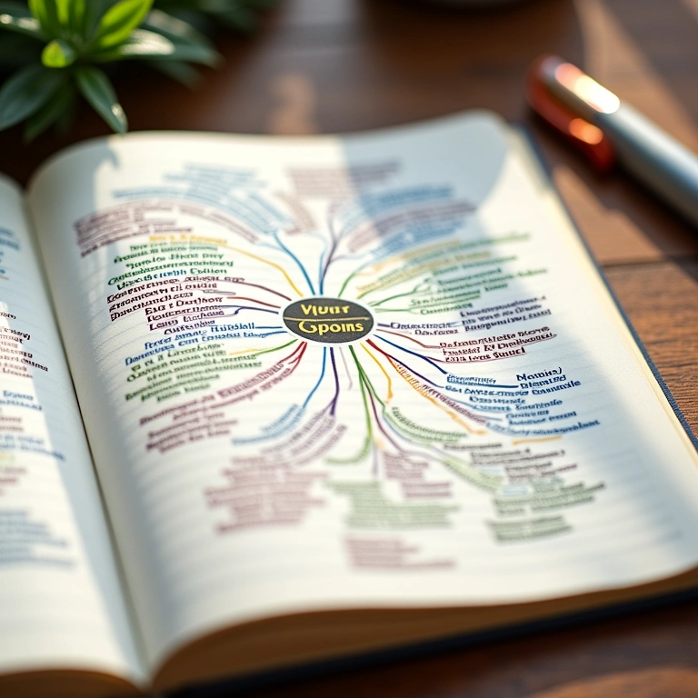 Caderno aberto com um mapa mental conectando radicais gregos e latinos a palavras modernas.