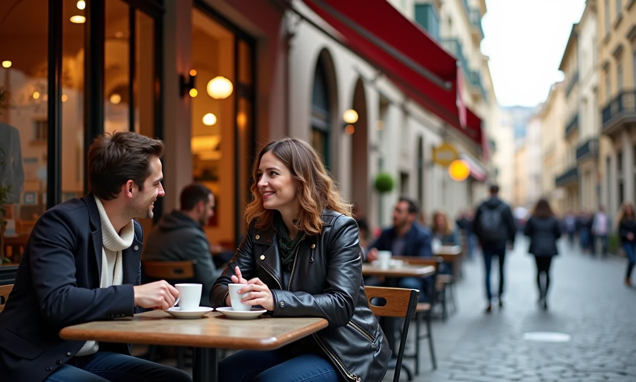 Café europeu charmoso com arquitetura histórica.