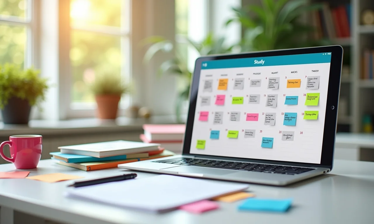 Calendário de mesa com sessões de estudo marcadas e post-its coloridos.