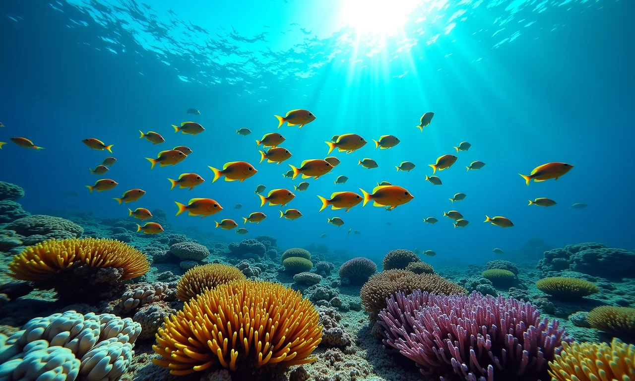 Cardume de peixes coloridos nadando em um vibrante recife de coral.