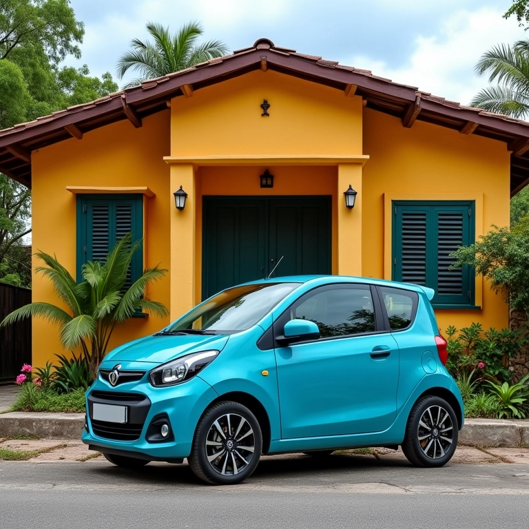 Carro econômico estacionado em frente a uma casa colorida no Brasil.