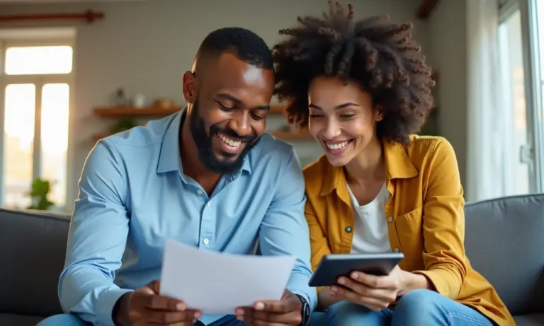 Casal analisando opções de financiamento de imóvel e carro em apartamento ensolarado.