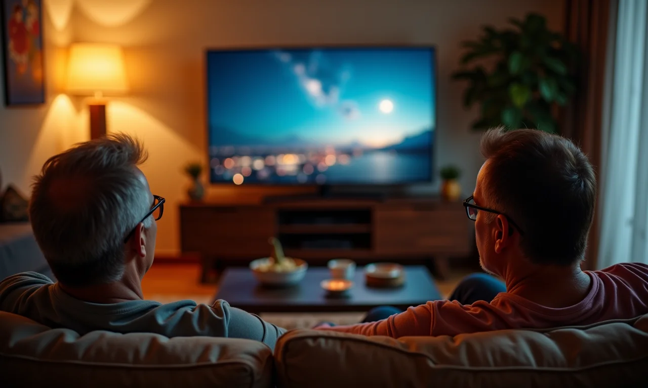 Casal assistindo TV com a variedade de canais da Claro TV em casa.