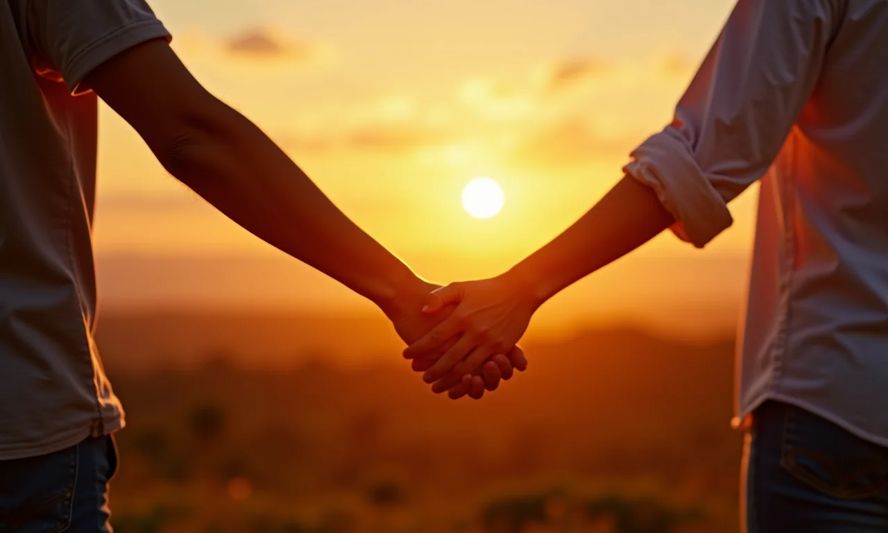 Casal de mãos dadas ao pôr do sol, simbolizando amor e romance.