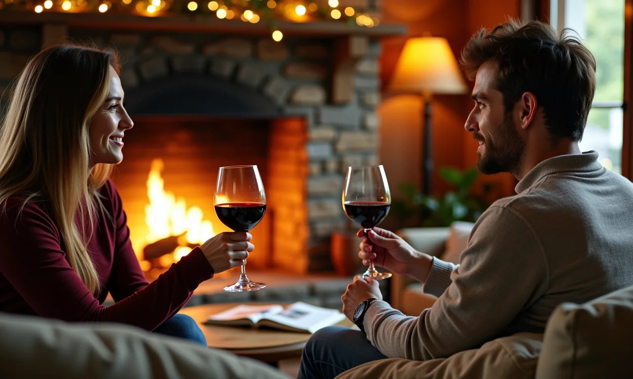 Casal diverso apreciando vinho tinto em frente à lareira.