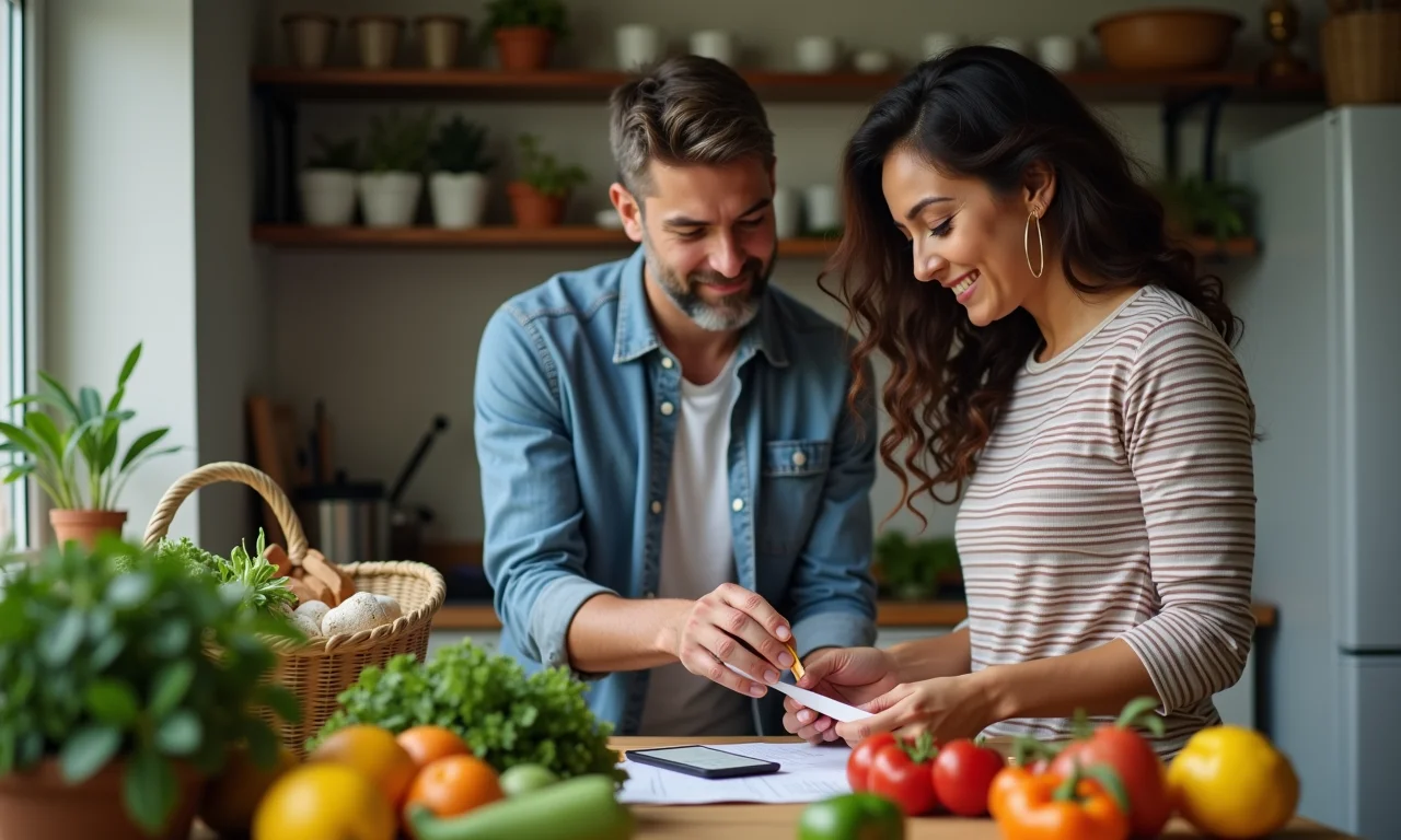 Casal diverso usando o sistema decimal para calcular compras e medir ingredientes para receita brasileira.