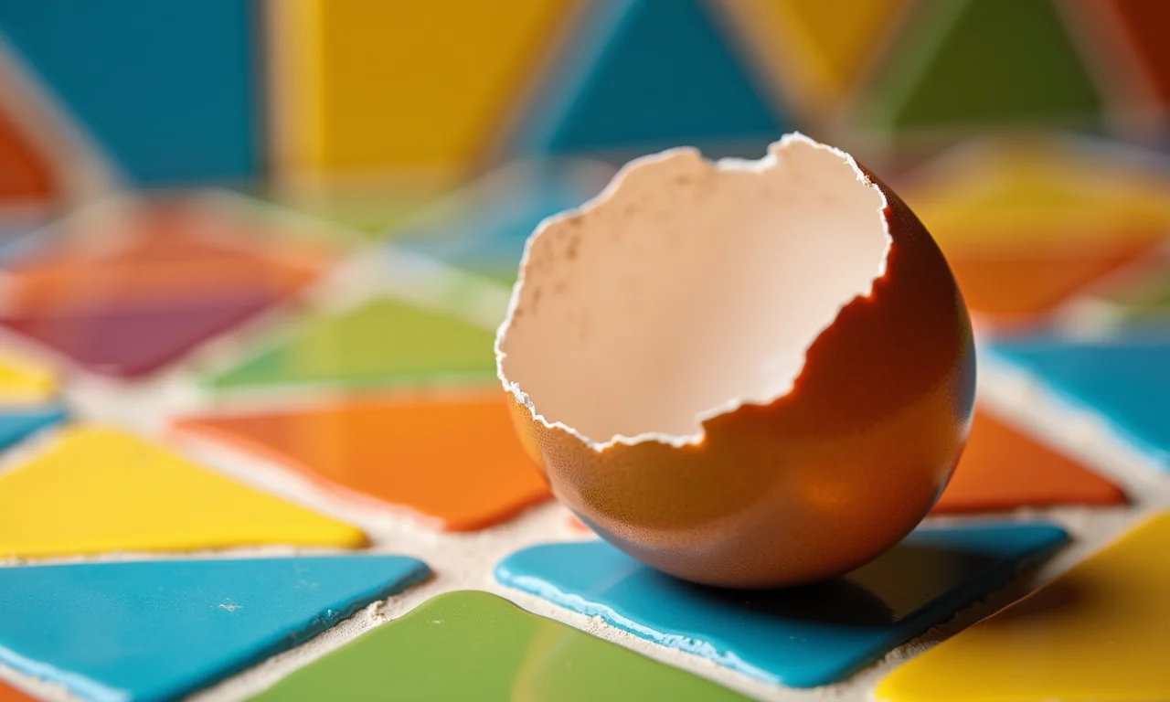 Casca de ovo rachada sobre azulejo brasileiro.