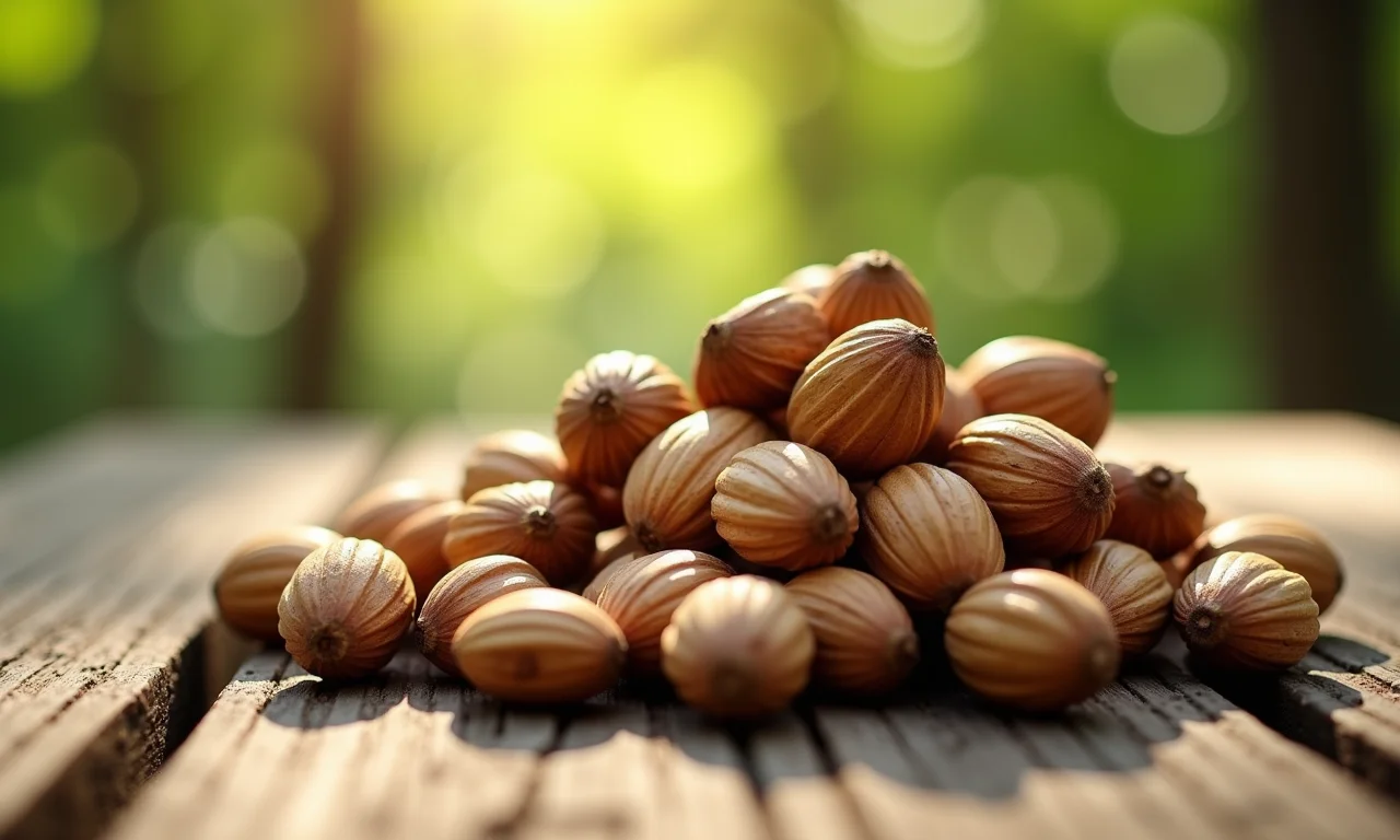 Castanhas do Pará em close-up sobre mesa rústica.
