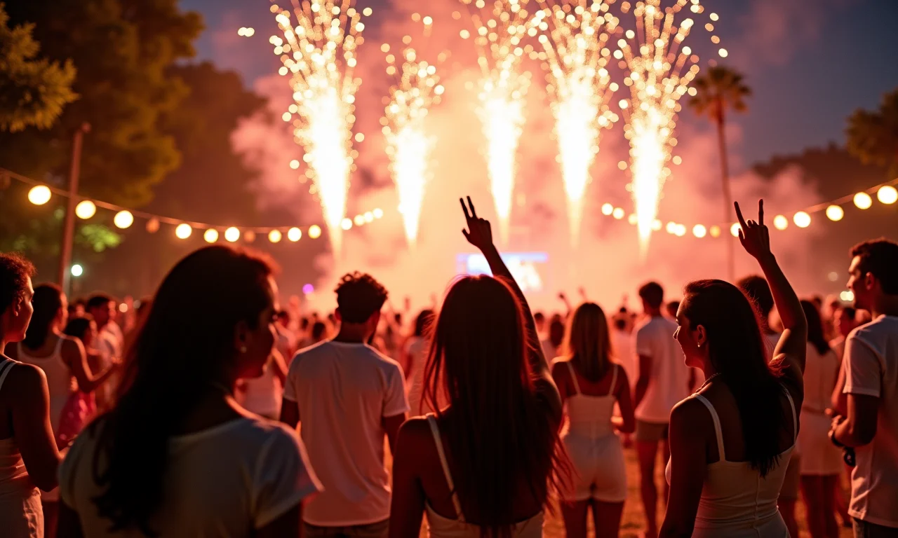 Celebração de Ano Novo no Brasil com pessoas vestidas de branco e fogos de artifício.