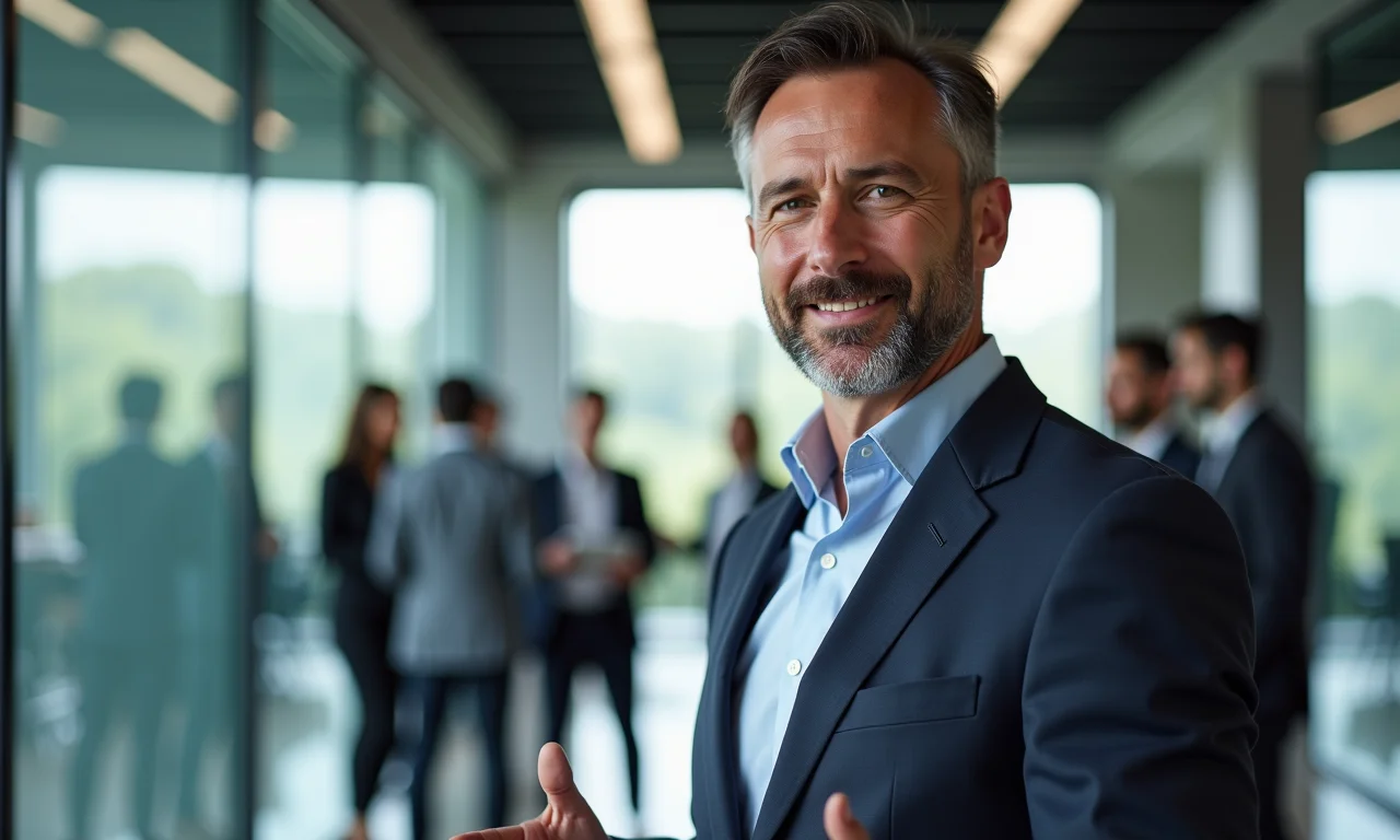 CEO falando para funcionários em escritório moderno com paredes de vidro e design brasileiro.