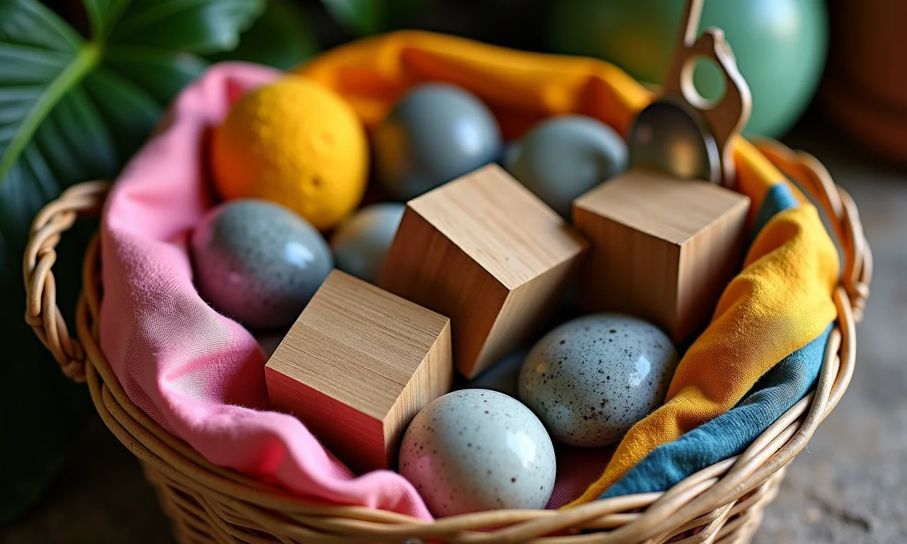 Cesta sensorial com objetos de diferentes texturas, cores e materiais.
