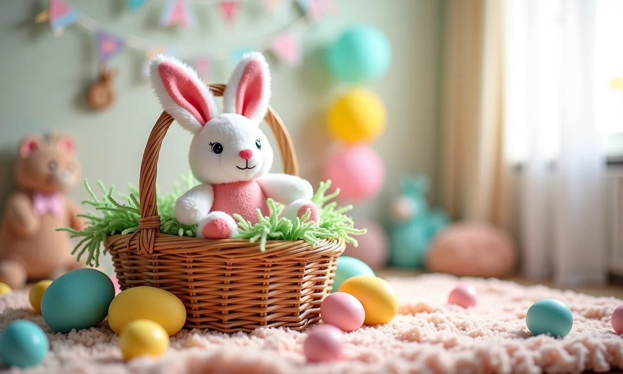 Cesto de Páscoa colorido em berçário decorado.
