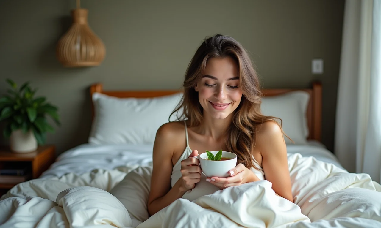 Chá de hortelã antes de dormir para uma noite tranquila.