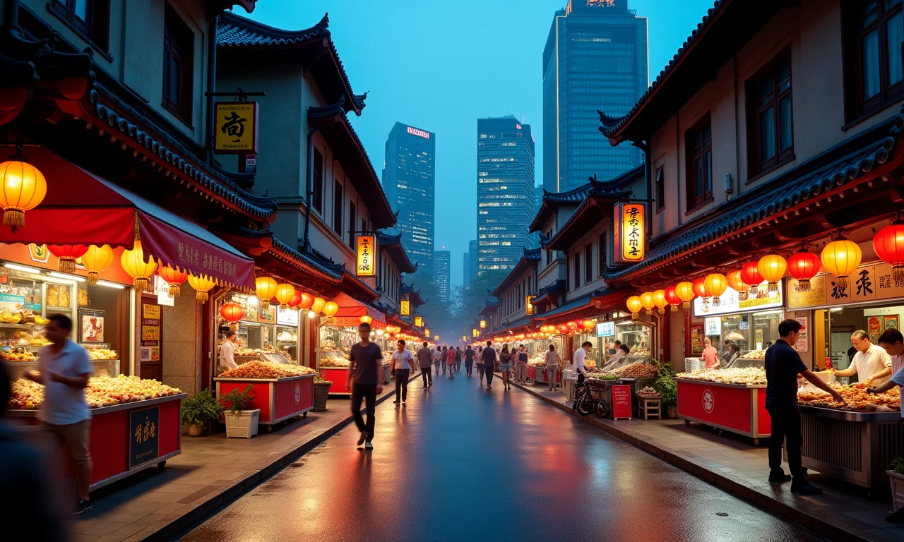 Cidade asiática movimentada à noite.