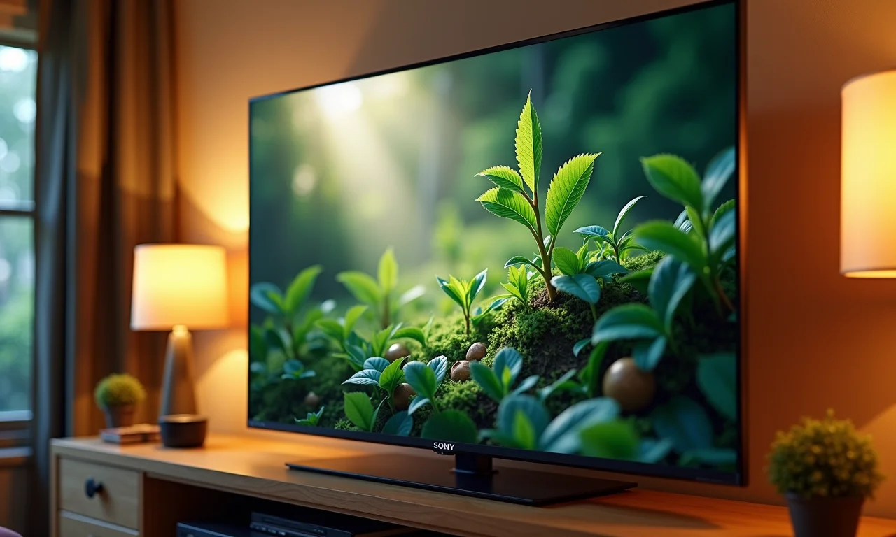 Close da tela de uma TV Sony Bravia exibindo documentário.