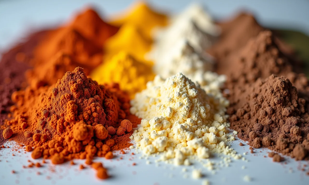 Close-up de diferentes tipos de creatina em pó.