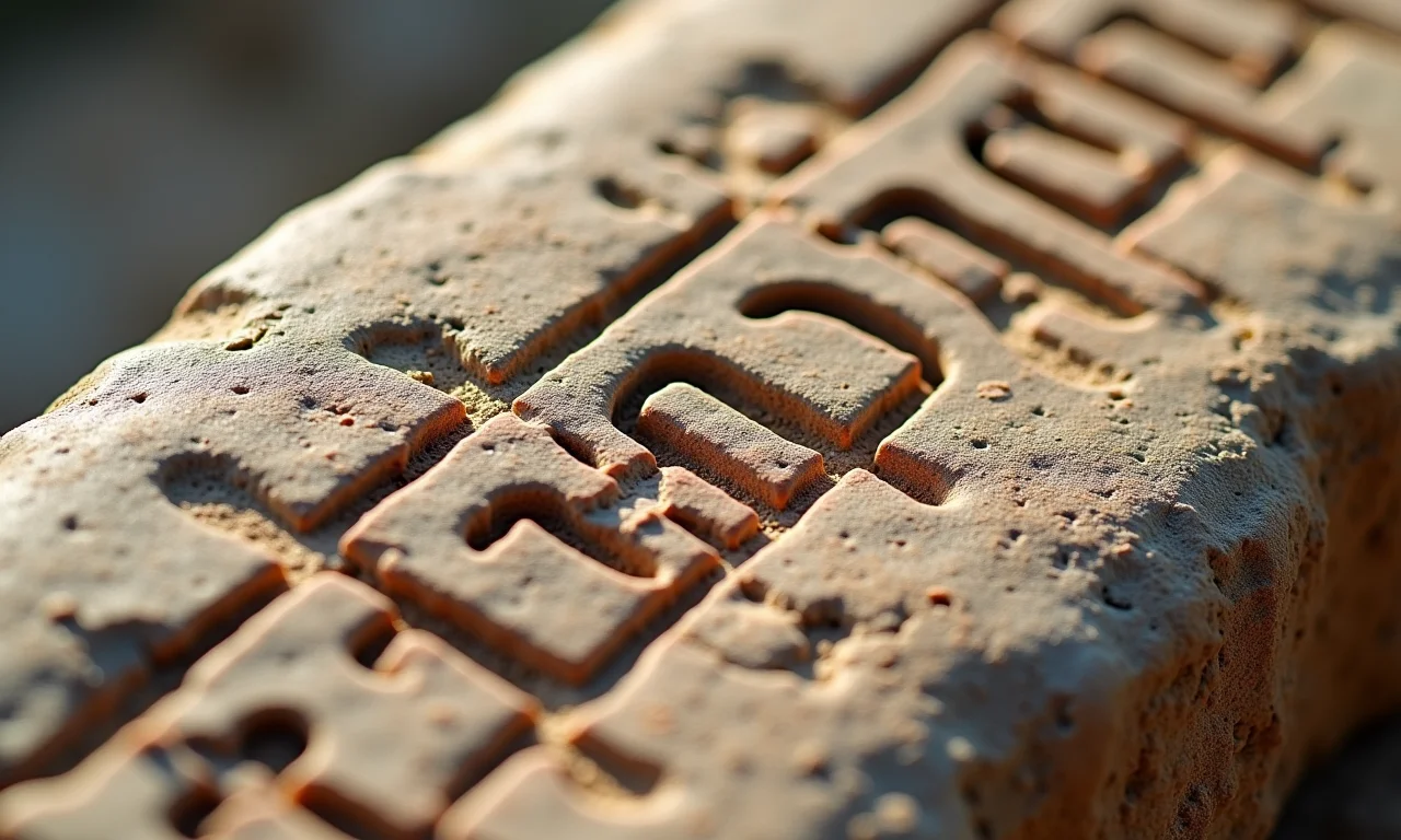 Close-up de uma tábua de pedra com o alfabeto fenício, enfatizando suas formas simples e lineares.